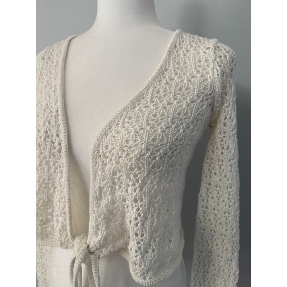Aeropostale Women's Cream Open Knit Tie Front Cropped Cardigan Sweater Boho XS - Picture 2 of 10